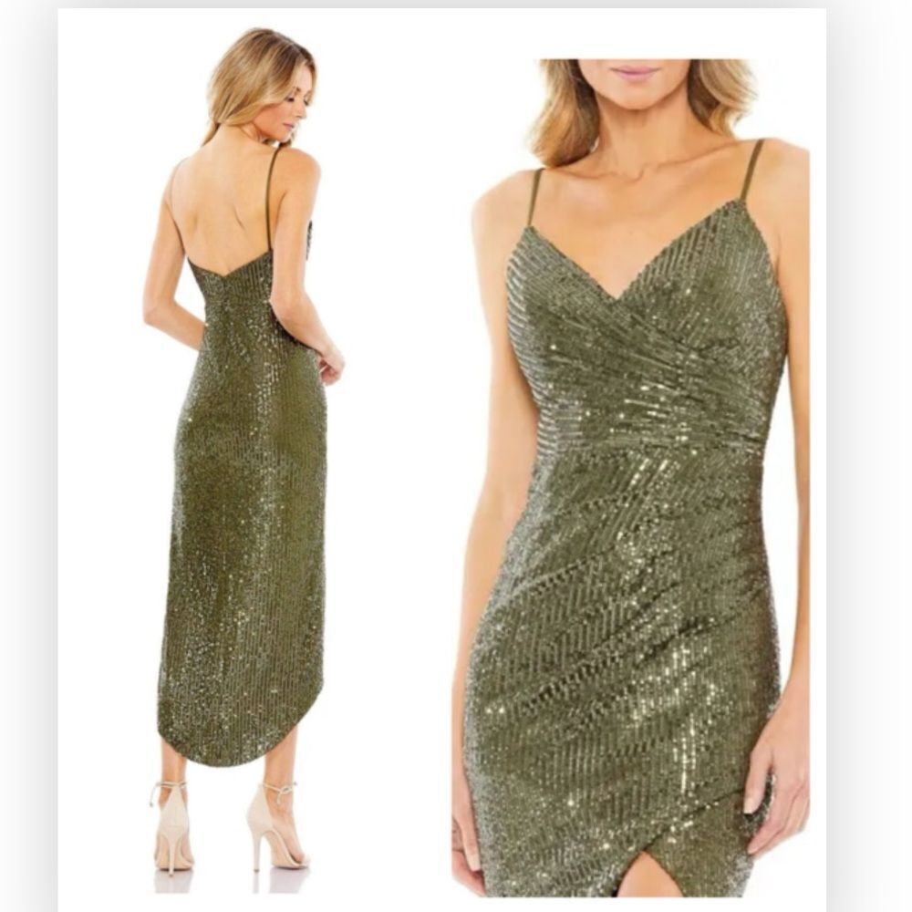 Mac Duggal 11272 Green Sequined Faux Wrap Asymmetrical Hem Dress $398